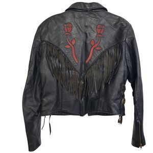 Protech Woman's Genuine Black Leather Motorcycle Jacket with Fringe, Est. Small